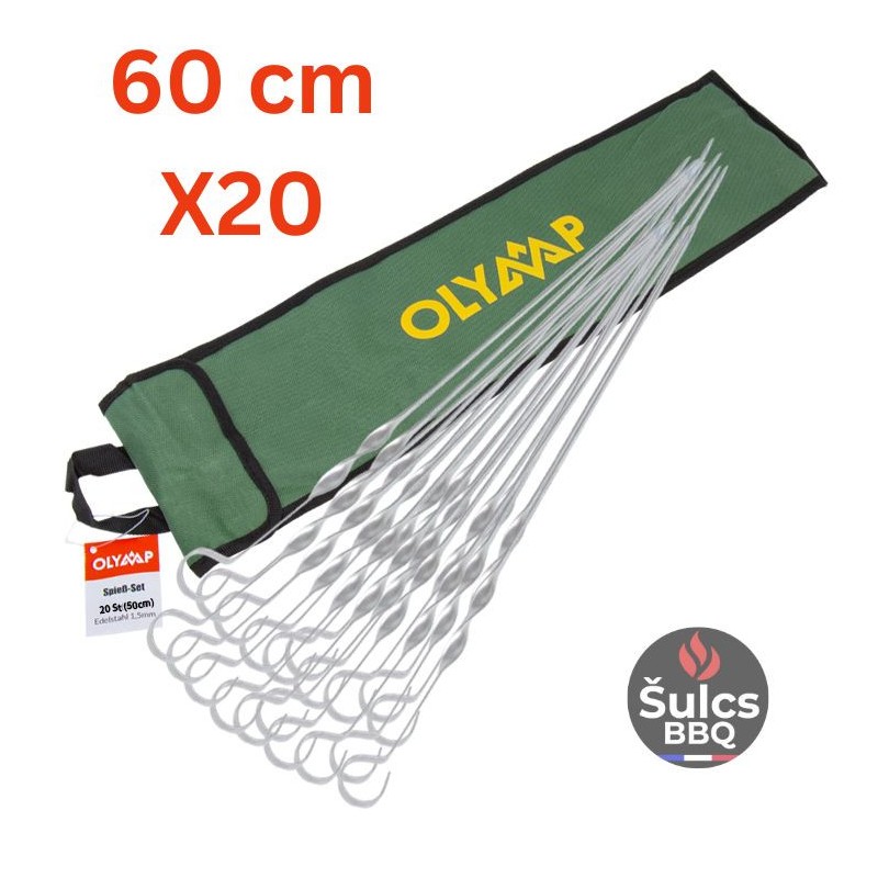 20x Brochettes Inox 60 cm avec étui de rangement en tissu